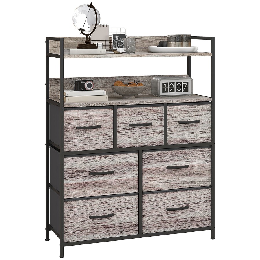 HOMCOM Bedroom Chest of Drawers 7 Drawer Dresser w/ Shelves, Grey Wood Effect