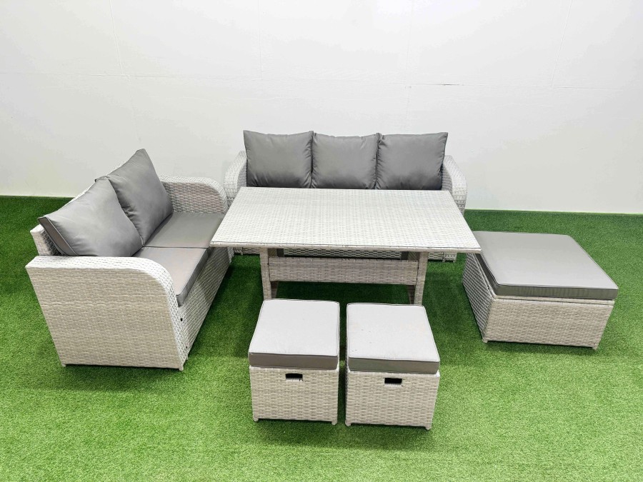 Click to view product details and reviews for Fimous 8 Seater Pe Rattan Wicker Garden Furniture Patio Conservatory Sofa Set With Rectangular Dining Table 3 Seater Sofa Love Sofa 3 Stool.