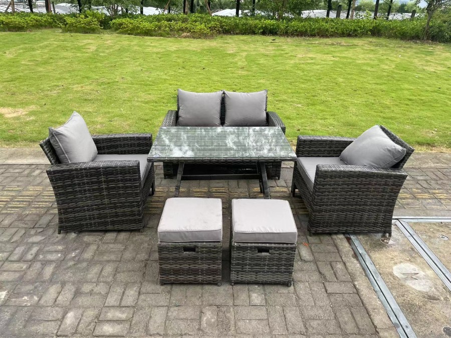 Click to view product details and reviews for Fimous 6 Seater Outdoor Dark Grey Mixed High Back Rattan Sofa Dining Table Set Garden Furniture 2 Stools.