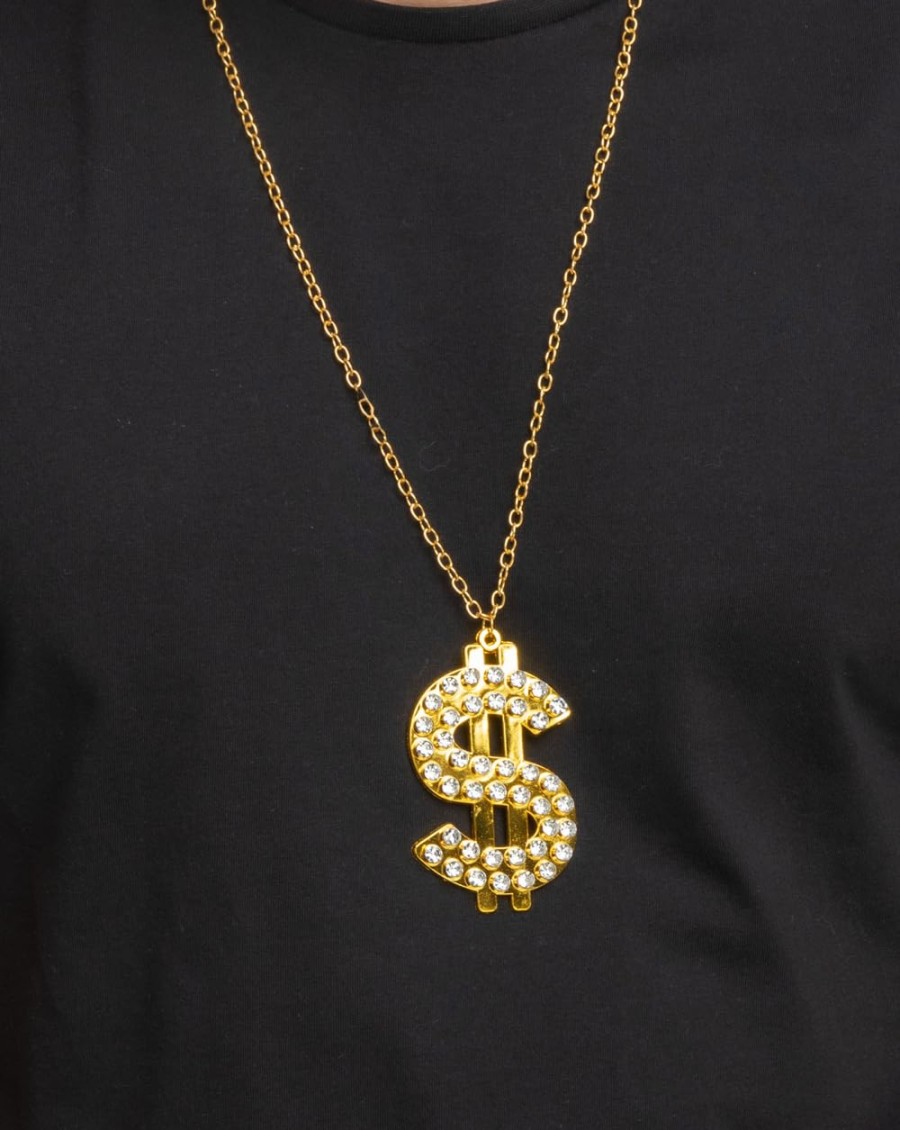 Click to view product details and reviews for Adults Dollar Sign Necklace Diamante Gold Finish Bling Fancy Dress.