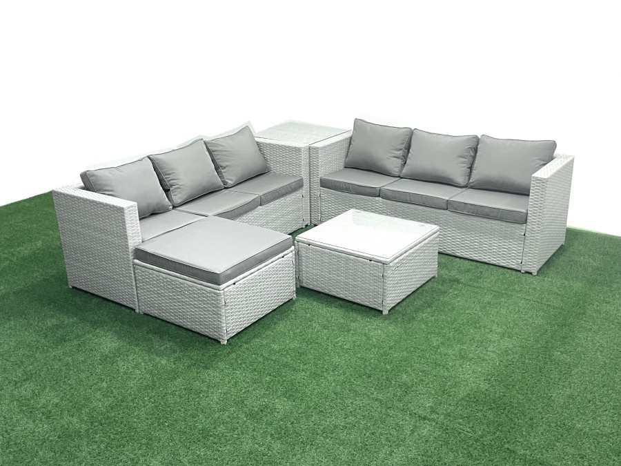 Click to view product details and reviews for Fimous Rattan Garden Outdoor Furniture Set 7 Seater Rattan Garden Sofa Set With Big Footstool Side Table Light Grey Mixed.
