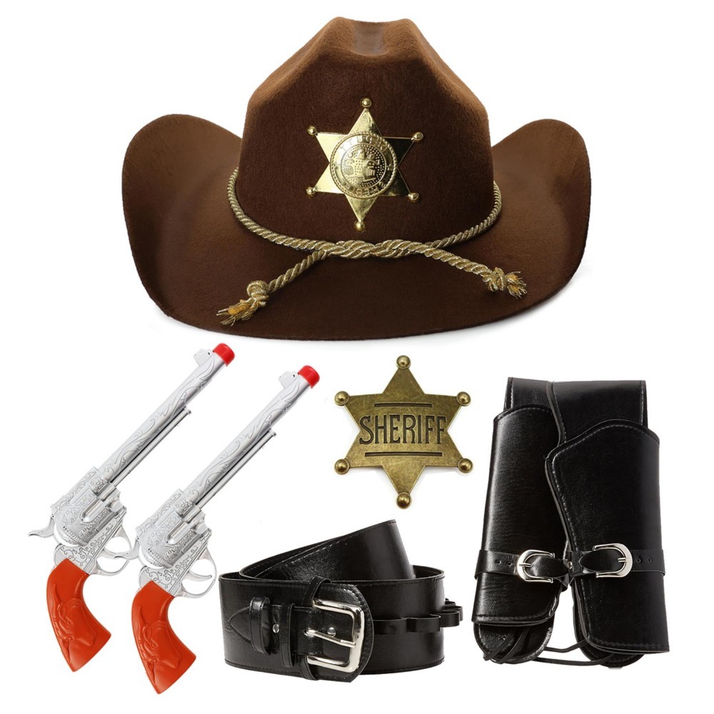 Click to view product details and reviews for Adults Sheriff Accessory Set 4 Pcs Brown Hat Plastic Pistols Gun Holster Gold Badge Standard.
