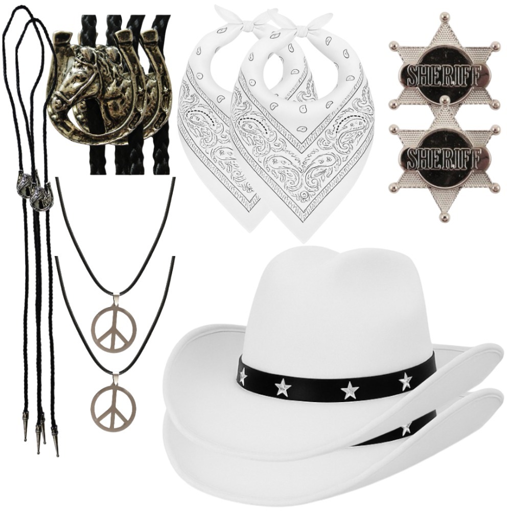 Click to view product details and reviews for Adults Cowboy Duo Set 10 Pcs White Hat Bootlace Tie Necklace Bandana Sheriff Badge.