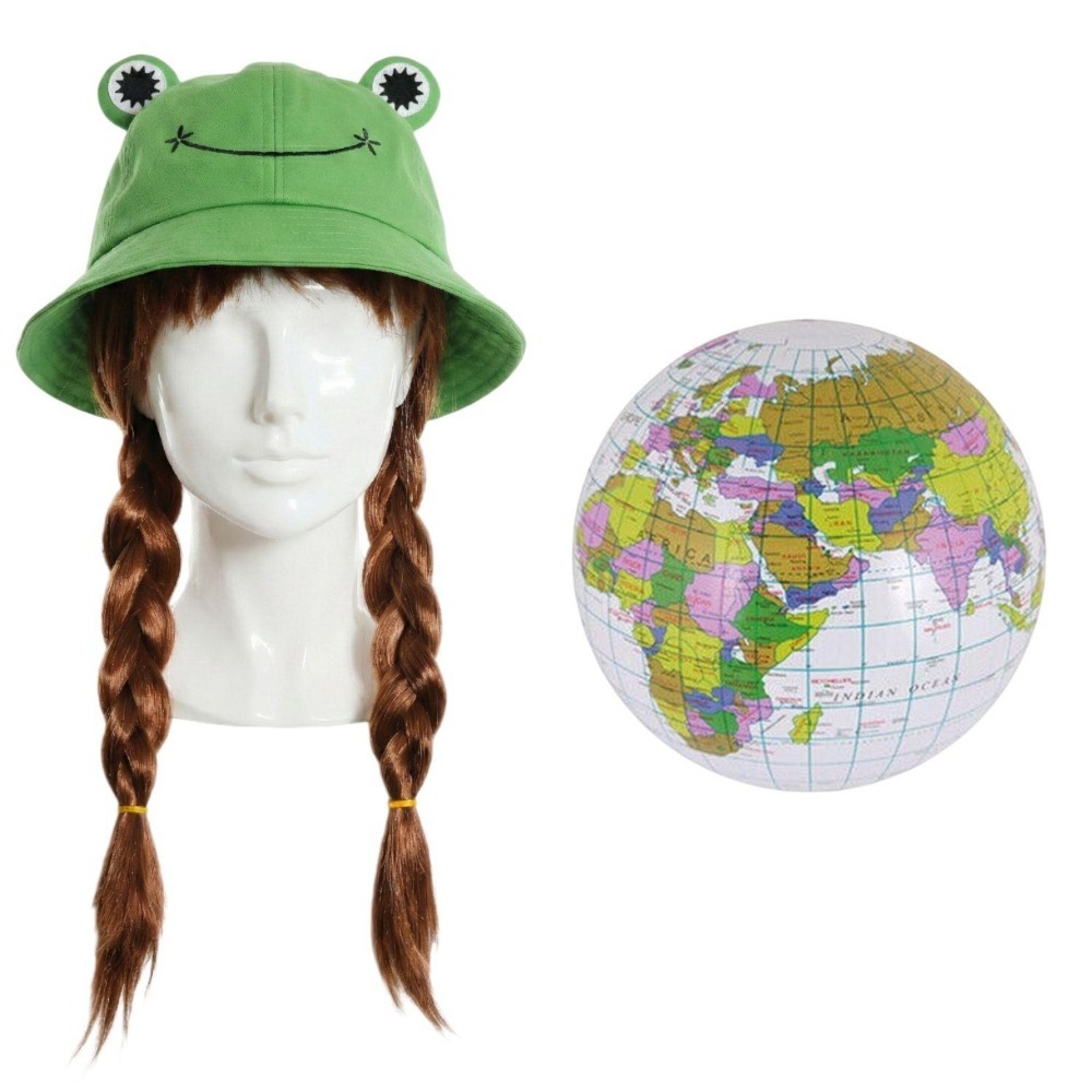 Click to view product details and reviews for Ladies Greta Accessory Set 3 Pcs Frog Bucket Hat Plait Wig Inflatable Globe.