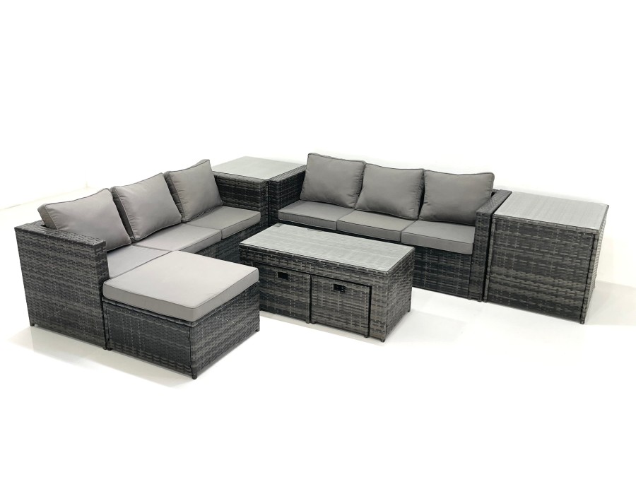Click to view product details and reviews for Fimous Garden Outdoor Rattan Furniture Set With Sofa Coffee Table 3 Footstools 2 Side Tables Dark Grey Mixed.