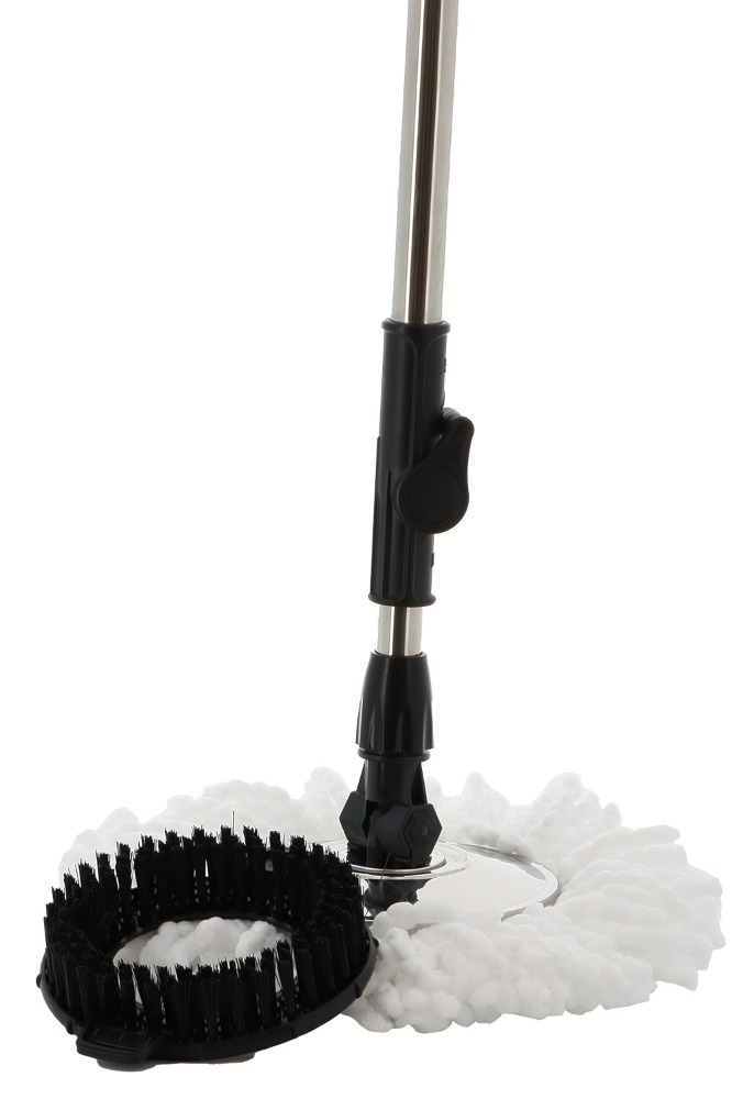 Handle, mop head and scrub brush