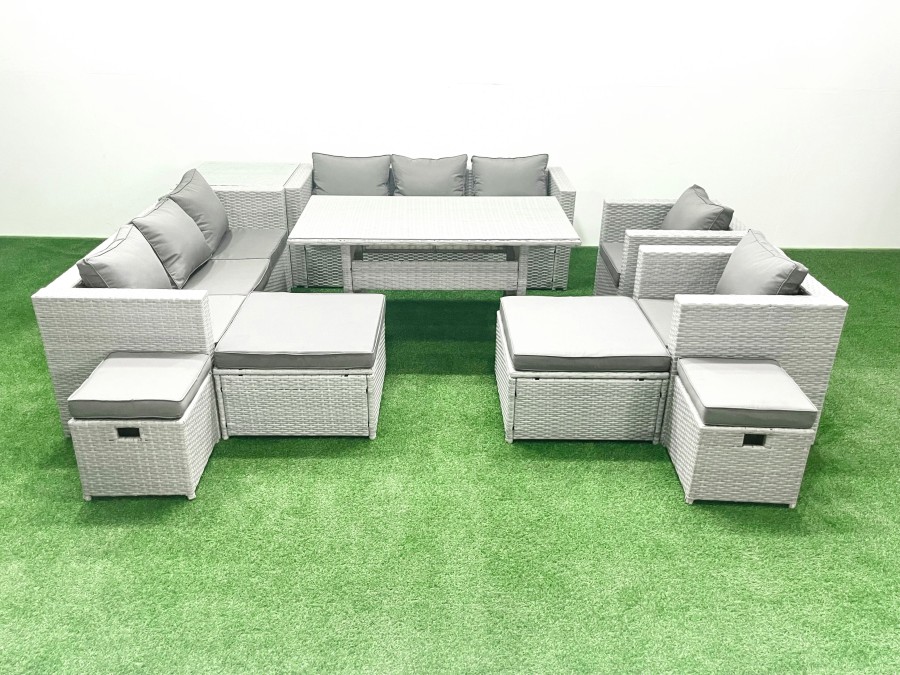 Click to view product details and reviews for Fimous Rattan Garden Furniture Dining Set 12 Seater Lounge Sofa Chair Dining Table Set With 4 Footstools Side Table Light Grey Mixed.
