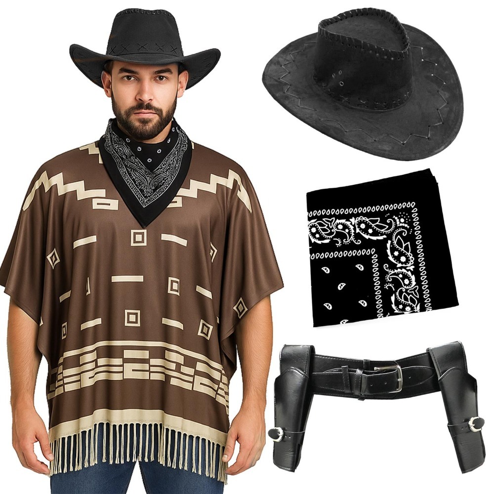 Click to view product details and reviews for Adults Wild Western Costume 4 Pcs Brown Poncho Holster Black Bandana Black Suede Cowboy Hat Standard.