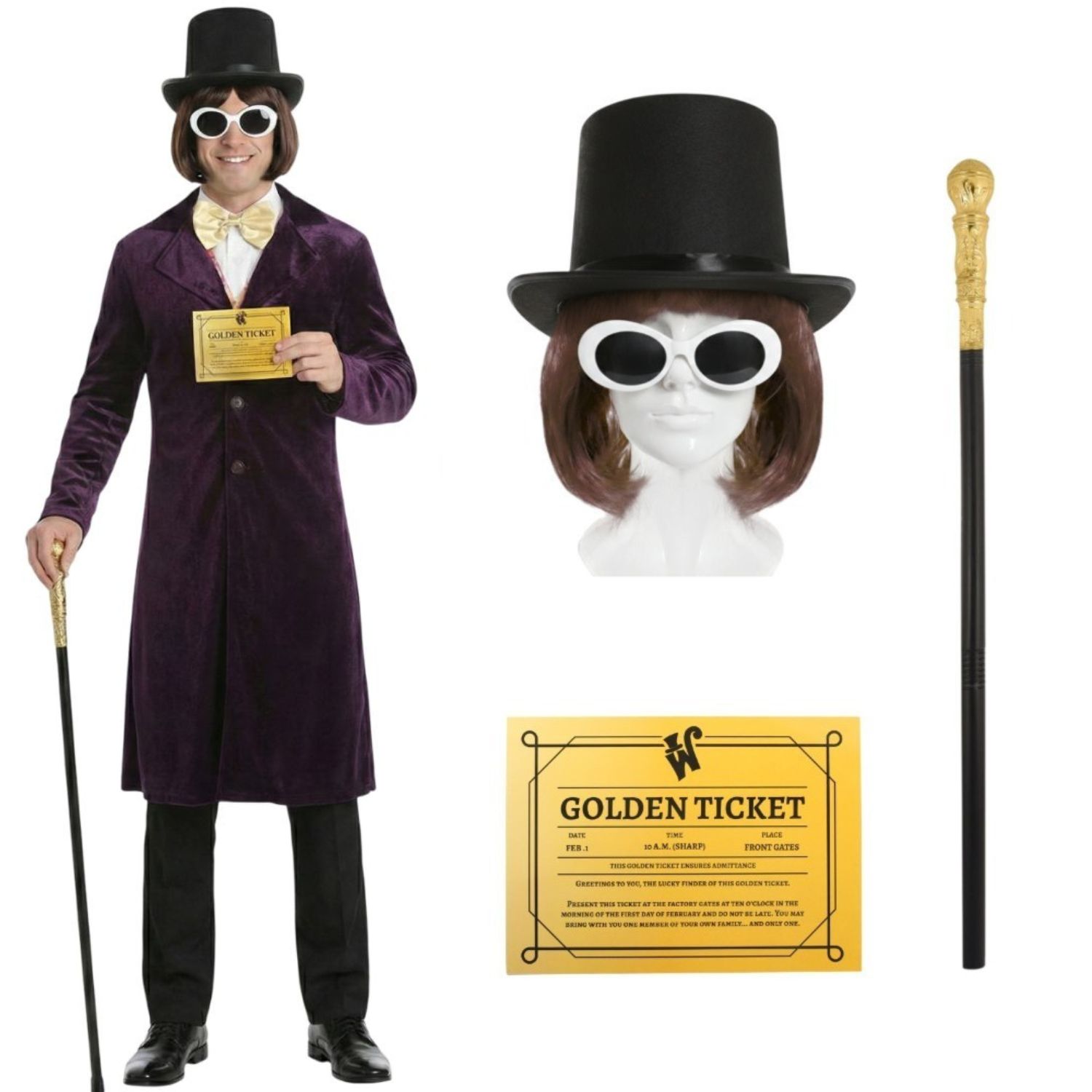 Click to view product details and reviews for Willy Wonka World Book Day Costume For Kids Xsmall Costume Top Hat Wig Glasses Cane Golden Ticket.