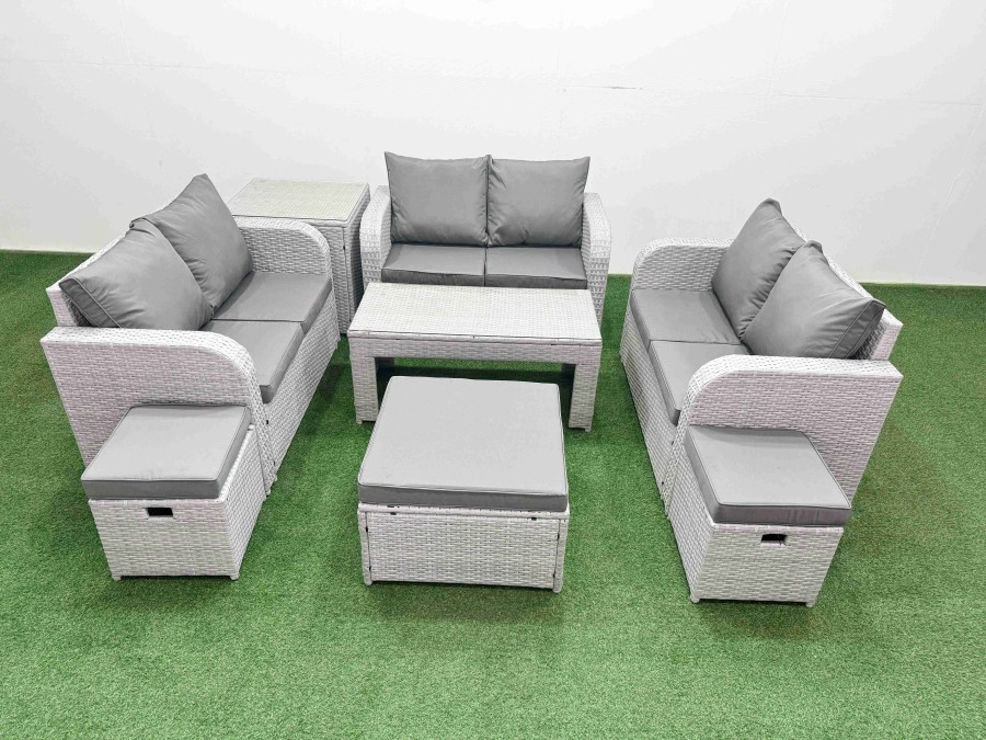Click to view product details and reviews for Fimous 9 Seater Pe Wicker Rattan Furniture Sofa Sets With Oblong Coffee Table 2 Seater Love Sofa 3 Stool Side Table Light Grey.