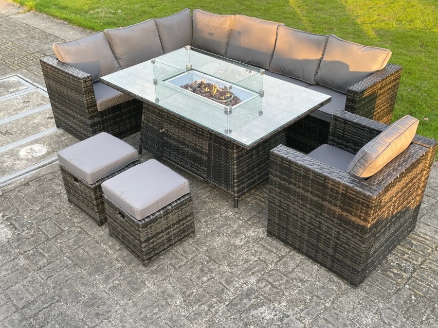 Click to view product details and reviews for 9 Seater Outdoor Rattan Garden Left Corner Furniture Gas Fire Pit Table Sets Gas Heater Lounge Small Footstools Chair Dark Grey.