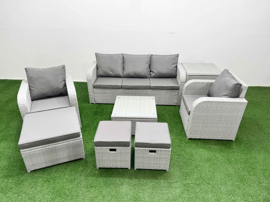 Click to view product details and reviews for Fimous Pe Rattan Garden Furniture Set Reclining Chair Sofa Lounge Sofa Set Square Coffee Table Side Table 3 Stools Light Grey. Click to view product details and reviews for Fimous Pe Rattan Garden Furniture Set Reclining Chair Sofa Lounge Sofa Set Square Coffee Table Side Table 3 Stools Light Grey.