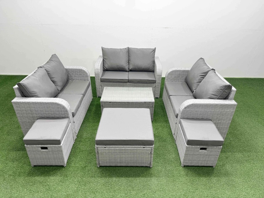 Click to view product details and reviews for Fimous 8 Seater Pe Wicker Rattan Furniture Sofa Sets With Rectangular Coffee Table 2 Seater Love Sofa 2 Stool 2 Side Table Light Grey.