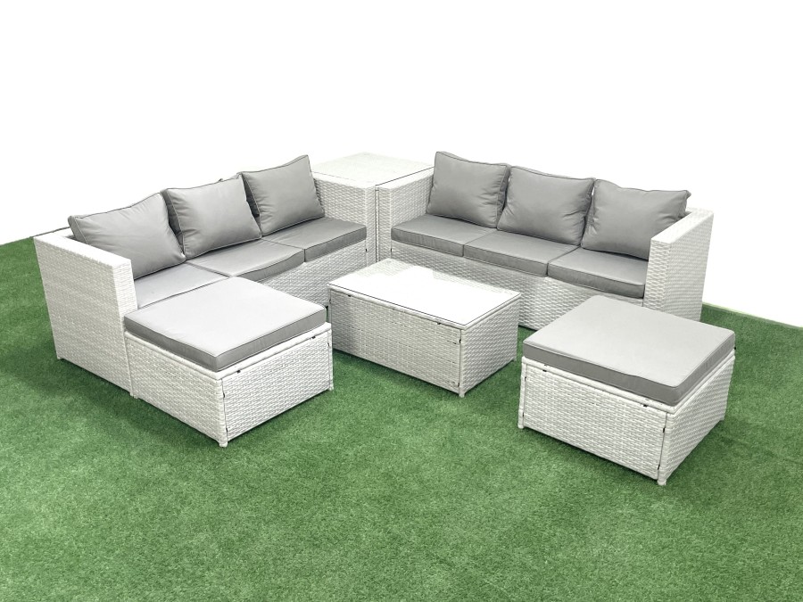 Click to view product details and reviews for Fimous Garden Outdoor Pe Rattan Furniture Set 8 Seater Rattan Garden Sofa Set With 2 Big Footstools Side Table Light Grey Mixed.