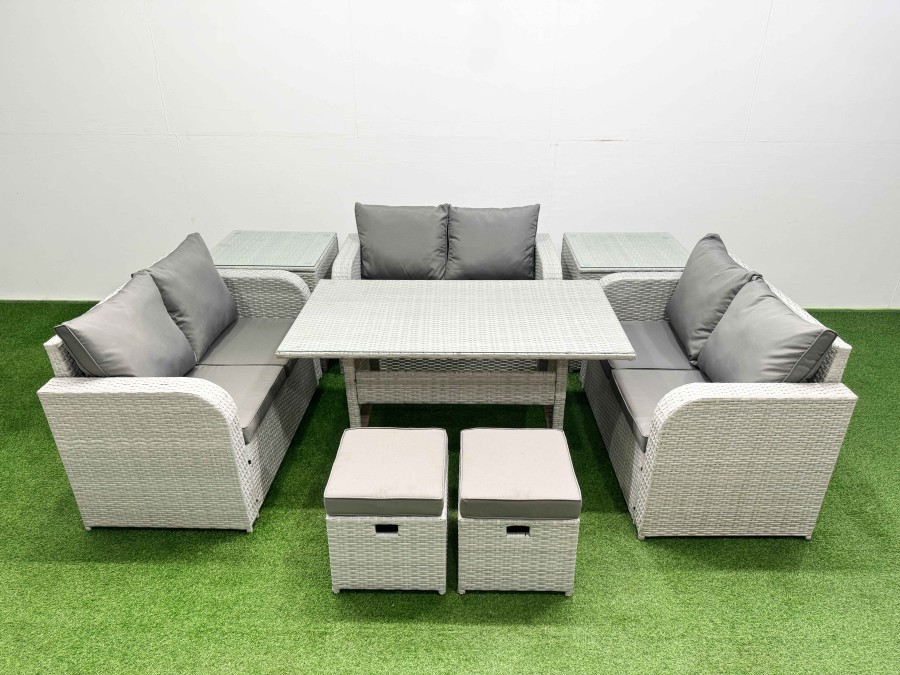 Click to view product details and reviews for Fimous 8 Seater Pe Wicker Rattan Furniture Sofa Sets With Rectangular Dining Table 2 Seater Love Sofa 2 Stool 2 Side Table Light Grey.