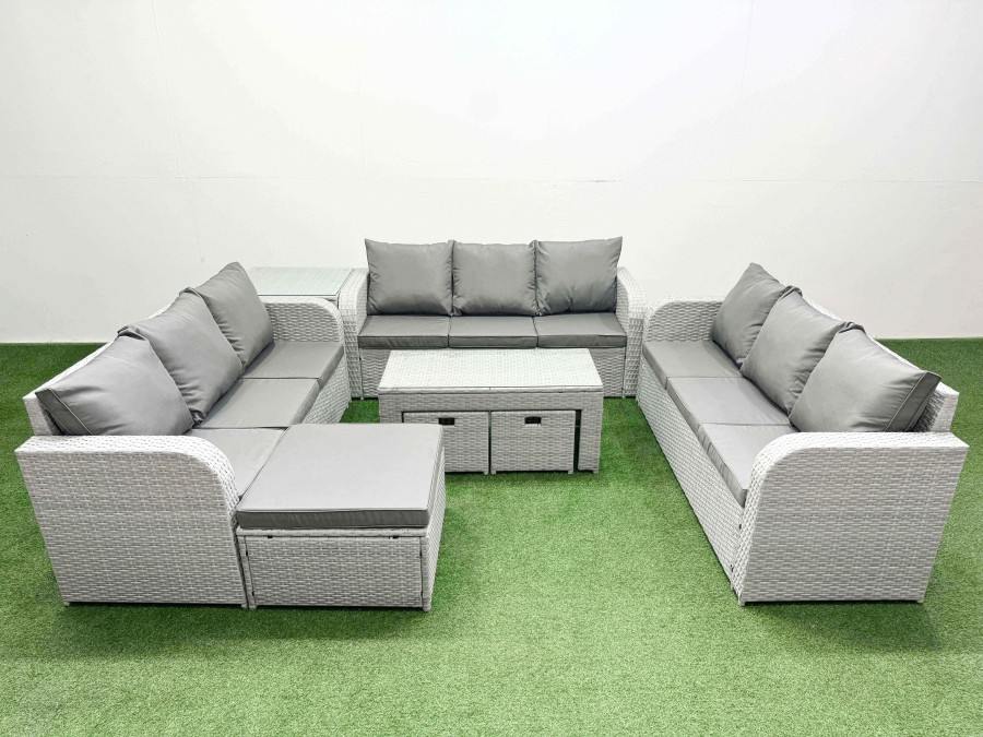 Click to view product details and reviews for Fimous Pe Rattan Lounge Sofa Set 12 Seater Outdoor Garden Furniture Set With Oblong Coffee Table 3 Seater Sofa 3 Stools Side Table Light Grey.