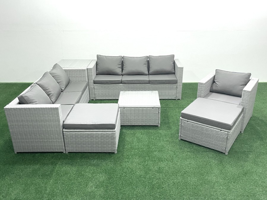 Click to view product details and reviews for Fimous Wicker Pe Rattan Sofa Garden Furniture Set With Armchair Square Coffee Table 2 Big Footstools Side Table Light Grey Mixed.