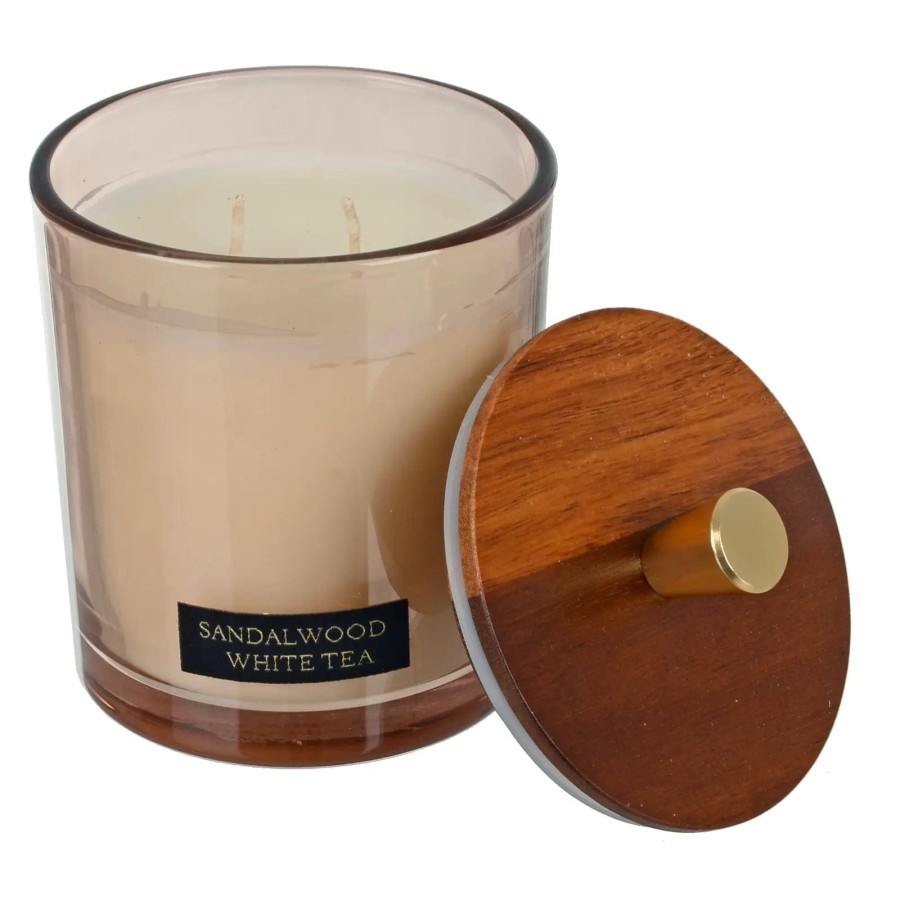 Click to view product details and reviews for Luxury Scented Candle Double Wick Glass Jar Natural Wooden Lid 380g Sandalwood White Tea.