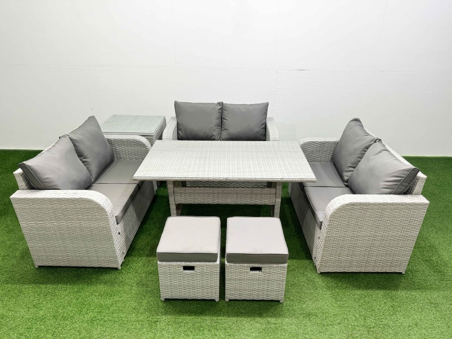 Click to view product details and reviews for Fimous 8 Seater Pe Wicker Rattan Furniture Sofa Sets With Rectangular Dining Table 2 Seater Love Sofa 2 Stool Side Table Light Grey.