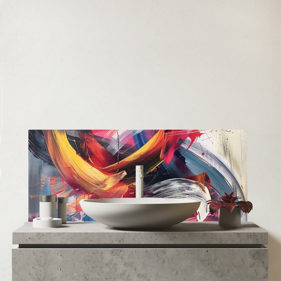 Click to view product details and reviews for Swirling Symphony Of Colours Glass Bathroom Splashback.