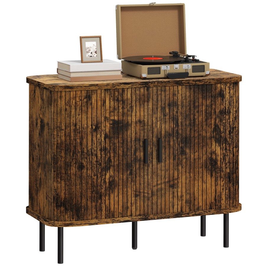 Click to view product details and reviews for Homcom Mid Century Modern Sideboard Storage Cabinet With Slatted Tambour Sliding Doors Kitchen Cabinet With Steel Legs Rustic Brown.