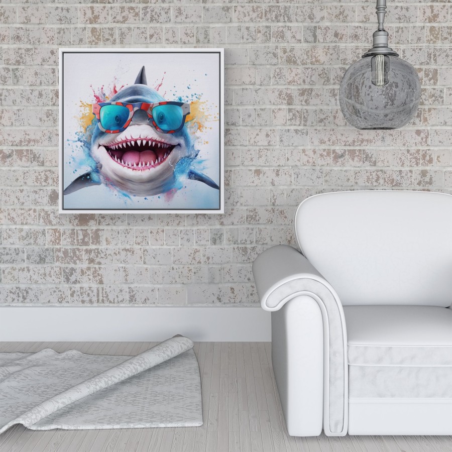 Click to view product details and reviews for Splashart Shark In Glasses Framed Canvas 16 X 16 White.