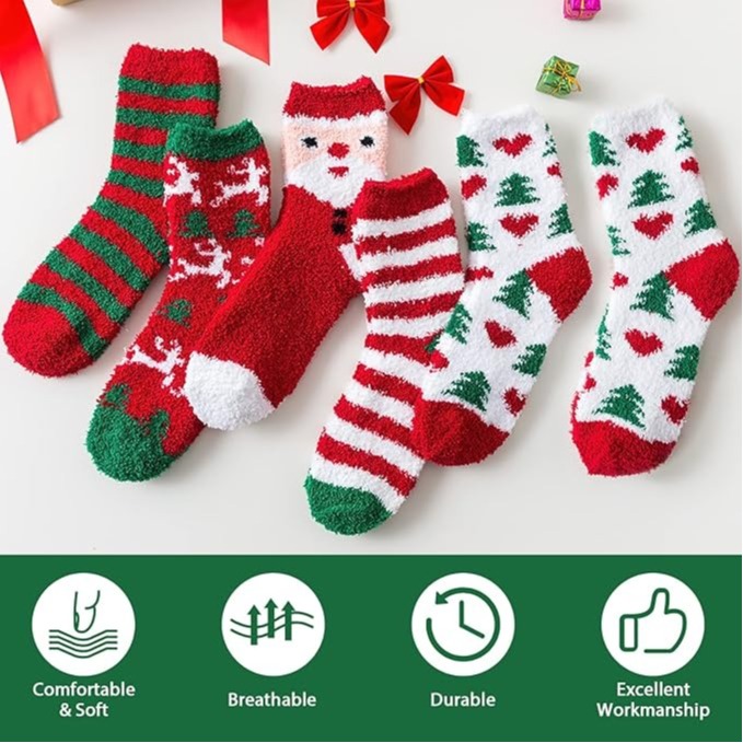 Christmas Fluffy Fuzzy Socks 5 Pairs Winter Thermal Cozy Slipper Socks Holiday Gift for Women Girls