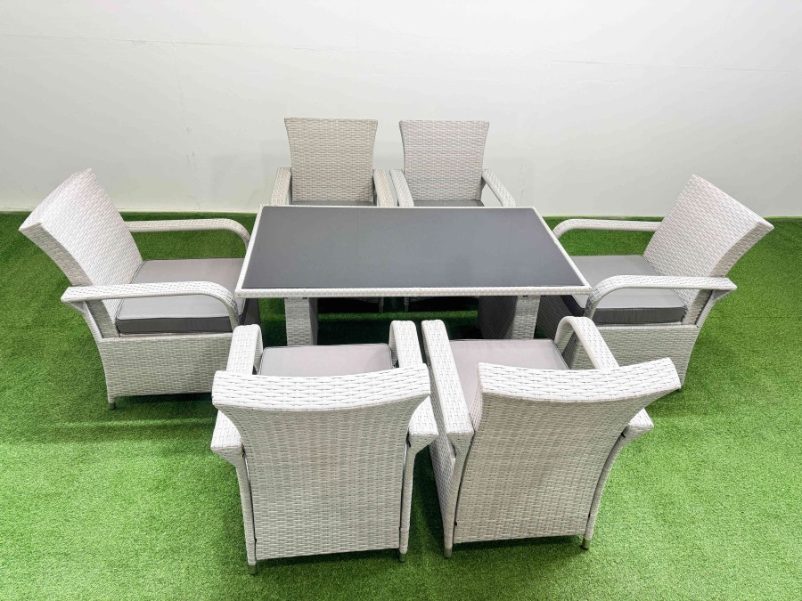 Click to view product details and reviews for Fimous Wicker Pe Rattan Garden Furniture Set Patio Outdoor 6 Chairs Plus Rectangular Dining Table Set Light Grey Mixed.