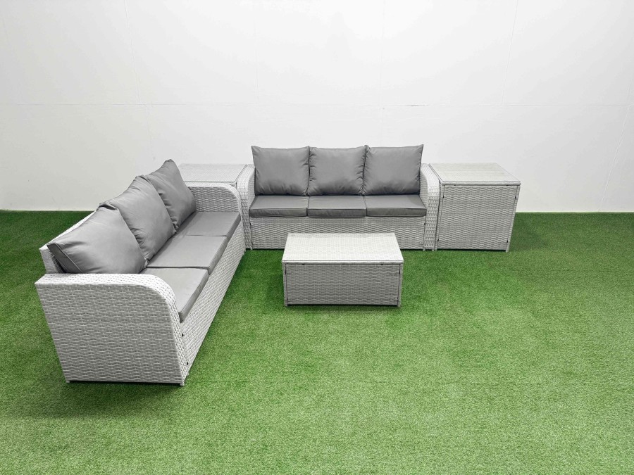 Click to view product details and reviews for Fimous Outdoor Garden Furniture Sets 6 Seater Wicker Rattan Furniture Sofa Sets With Rectangular Coffee Table High Back Lounge Sofa 2 Side Table Light.
