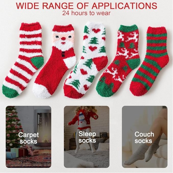 Christmas Fluffy Fuzzy Socks 5 Pairs Winter Thermal Cozy Slipper Socks Holiday Gift for Women Girls