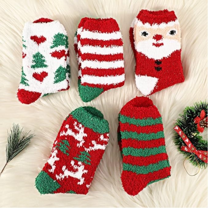 Christmas Fluffy Fuzzy Socks 5 Pairs Winter Thermal Cozy Slipper Socks Holiday Gift for Women Girls