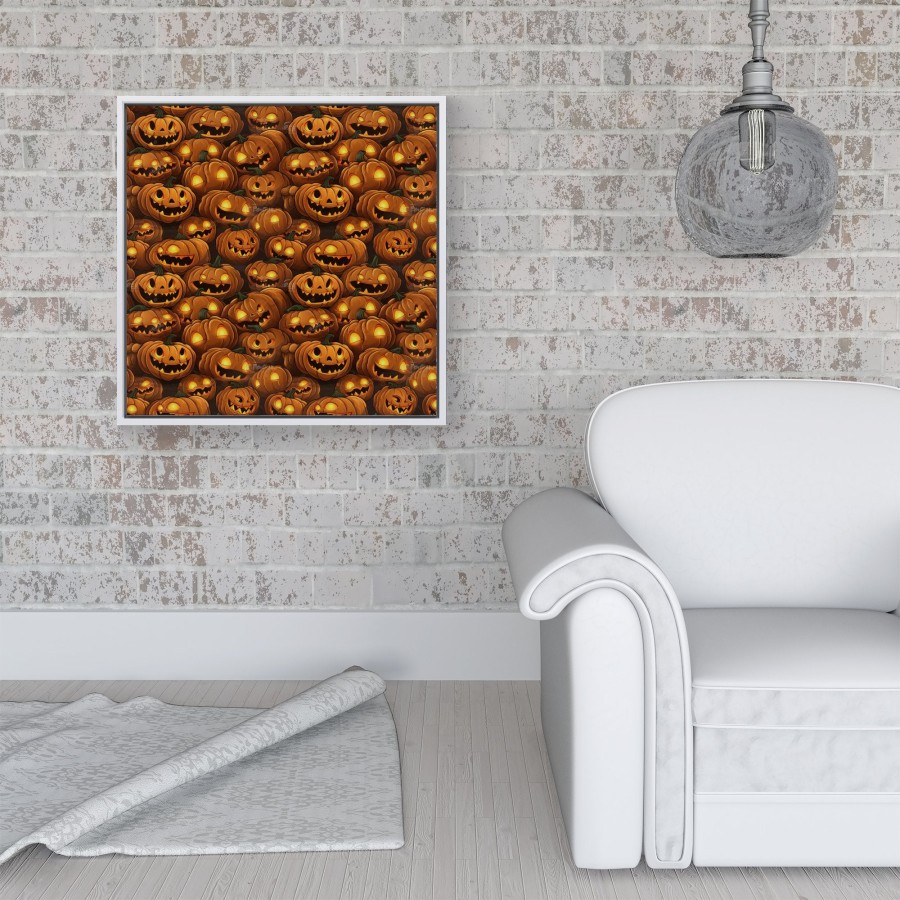 Click to view product details and reviews for Grinning Lanterns Pumpkins With Glowing Eyes Framed Canvas 16 X 16 White.