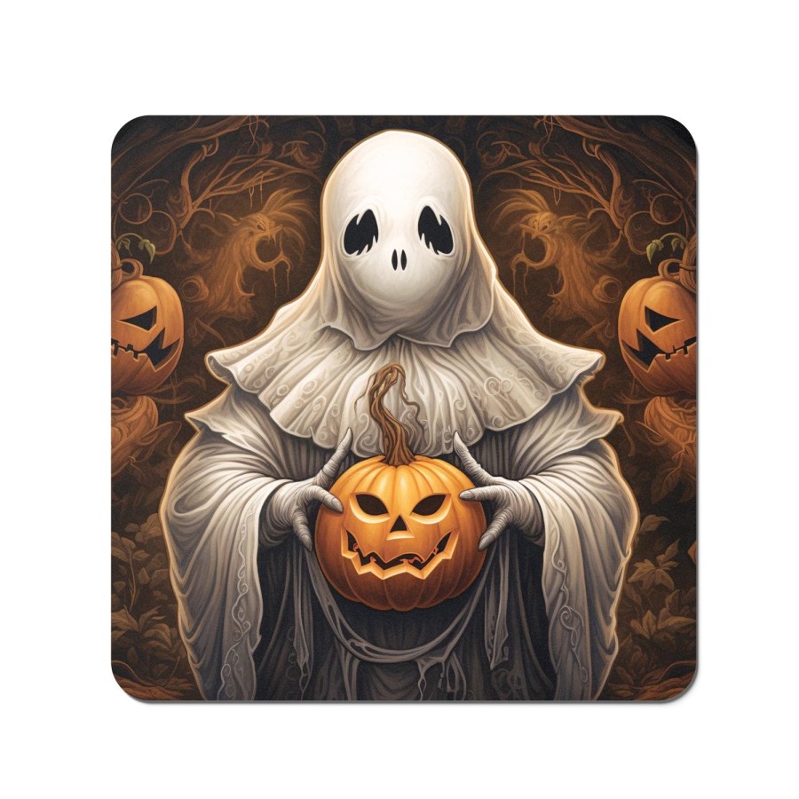 Warren Reed Spooky White Ghost Holding Pumpkin Coasters