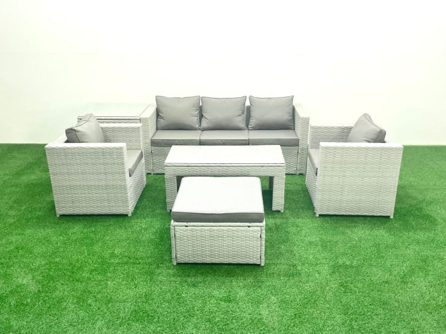 Click to view product details and reviews for Fimous Rattan Garden Furniture Set 6 Pieces Outdoor Garden Sofa Oblong Coffee Table Set With 2 Chairs Side Tabe Stool Light Grey Mixed.