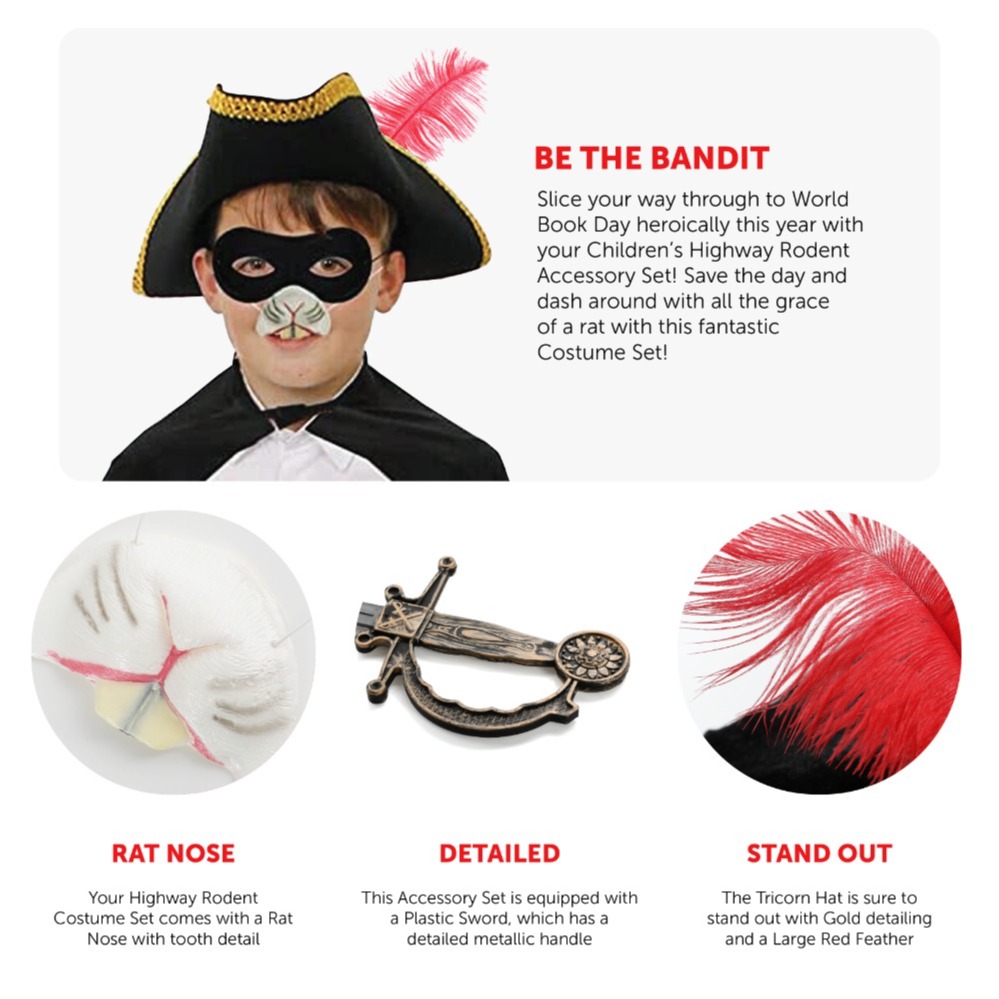 Childs Highway Rodent Accessory Set - Feather Tricorn Hat, Mask & Sword
