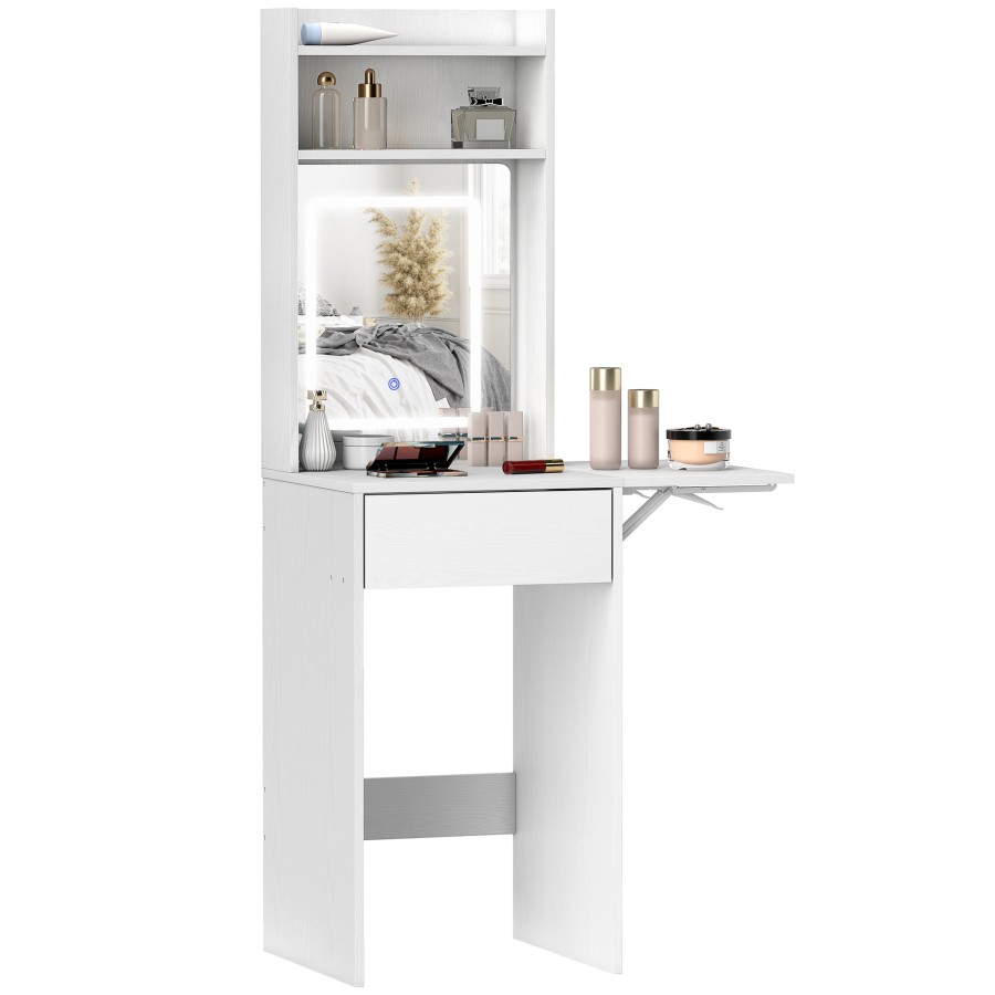 Click to view product details and reviews for Homcom Small Dressing Table With Mirror And Adjustable Led Lights Modern Vanity Desk With Drop Leaf Open Shelves And Drawer Compact Makeup Table Fo.