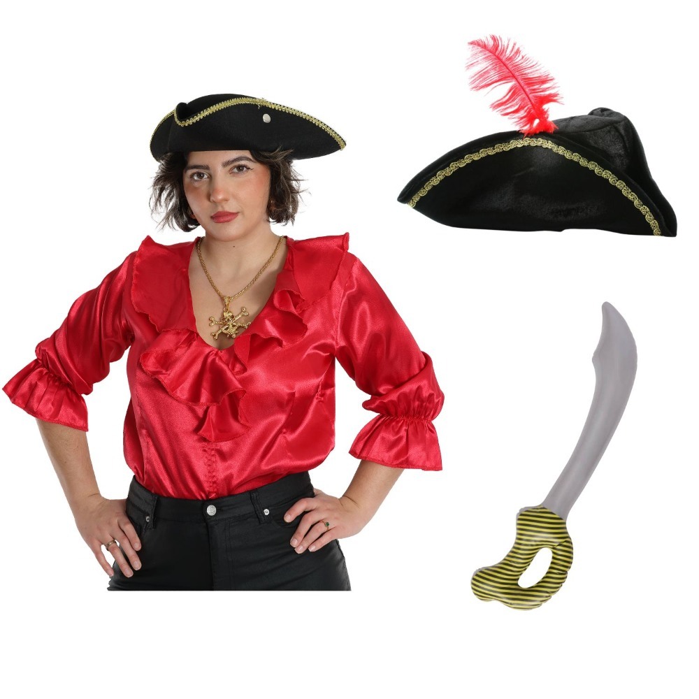 Click to view product details and reviews for Ladies Red Pirate Costume With Pirate Hat And Sword.