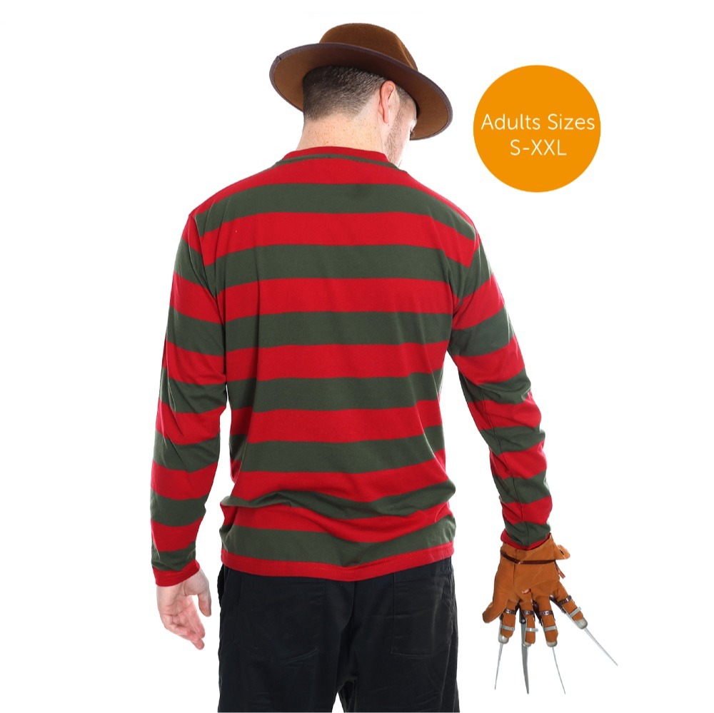 Adults Freddy Krueger Costume - Striped T-shirt, Black Hat Hat & Claw