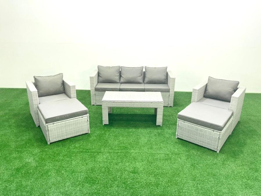 Click to view product details and reviews for Fimous Rattan Garden Furniture Set 7 Seater Outdoor Garden Sofa 2 Chairs Oblong Coffee Table Set With 2 Stools Light Grey Mixed.