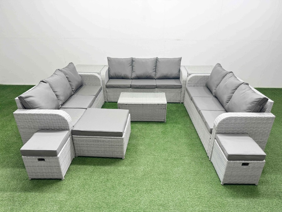 Click to view product details and reviews for Fimous Pe Rattan Lounge Sofa Set 12 Seater Outdoor Garden Furniture Set With Rectangular Coffee Table 3 Seater Sofa 3 Stools 2 Side Table Light Grey.