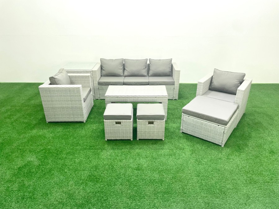 Click to view product details and reviews for Fimous Rattan Garden Furniture Set 8 Seater Outdoor Garden Sofa Oblong Coffee Table Set With 2 Chairs 3 Stools Side Table Light Grey Mixed.