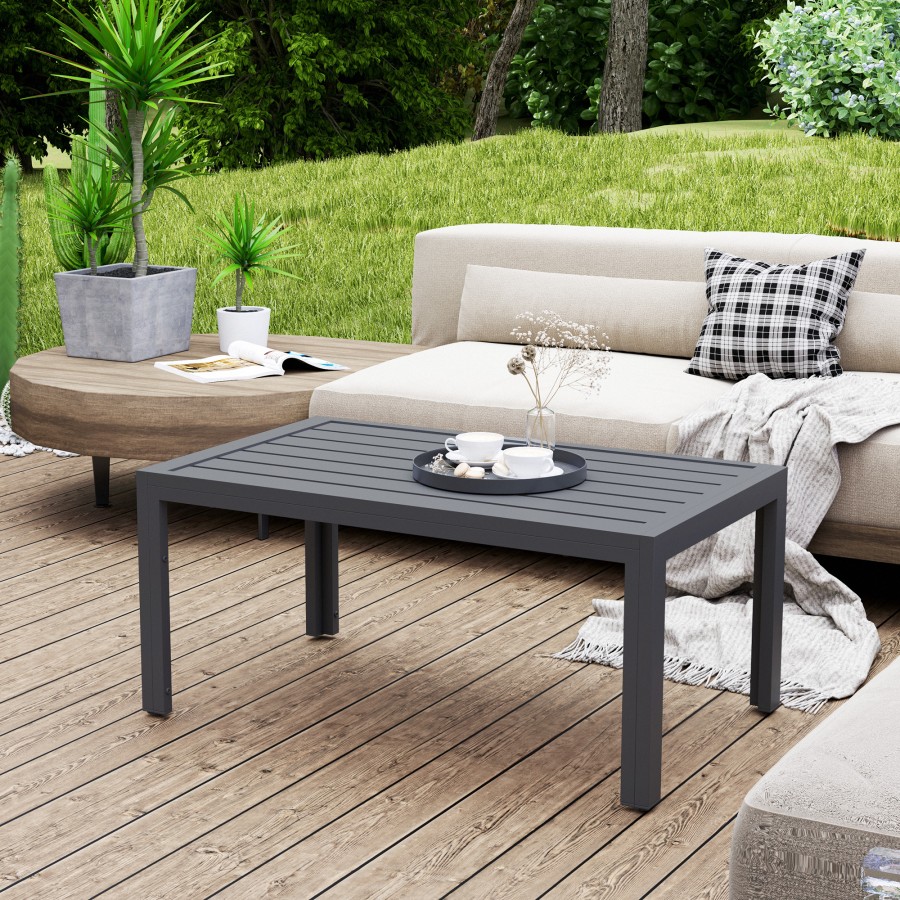 Click to view product details and reviews for Outsunny Garden Coffee Table Rectangular Patio Side Table With Steel Frame And Slat Tabletop For Outdoor Balcony 1015 X 61cm Grey.