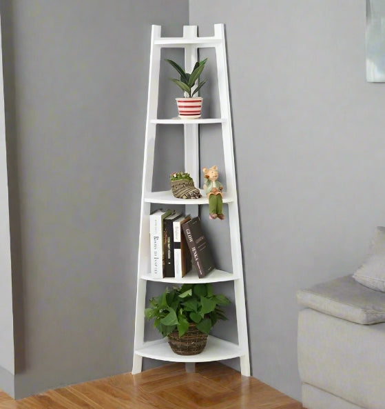 5-Tier White Corner Ladder Shelf – Modern Display Stand for Plants & Home Decor