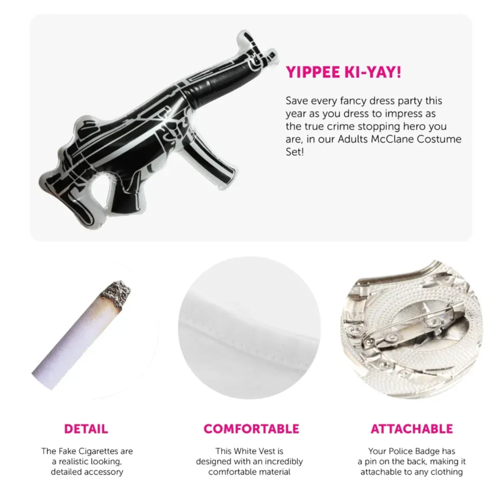 Adults John McClane Costume | 5 Pcs | White Vest, Badge, Fake Cigarettes, Inflatable Gun & Fake Blood