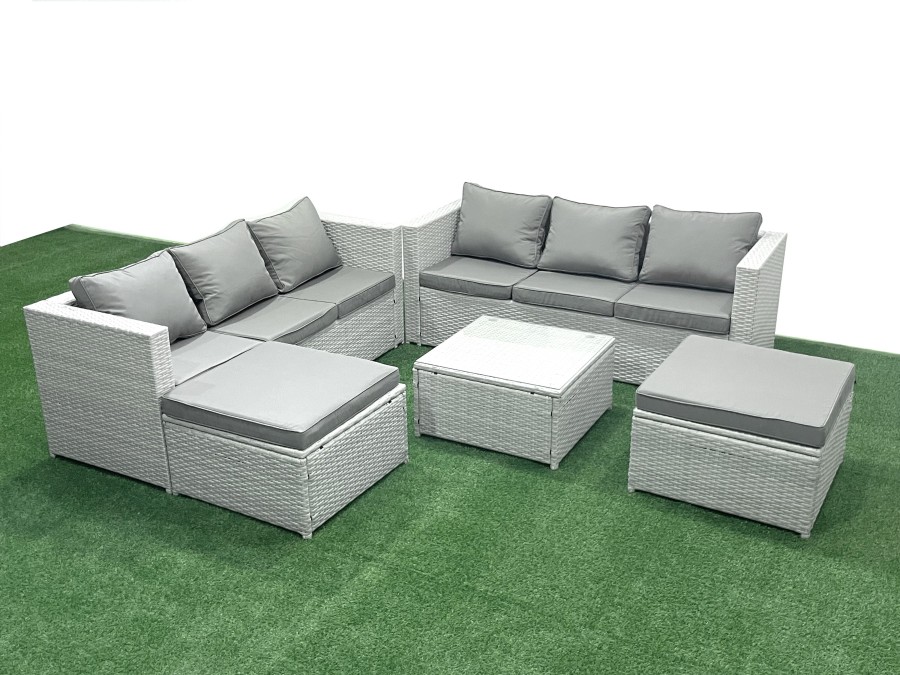 Click to view product details and reviews for Fimous Rattan Garden Outdoor Furniture Set 8 Seater Rattan Garden Sofa Set With 2 Big Footstools Light Grey Mixed.