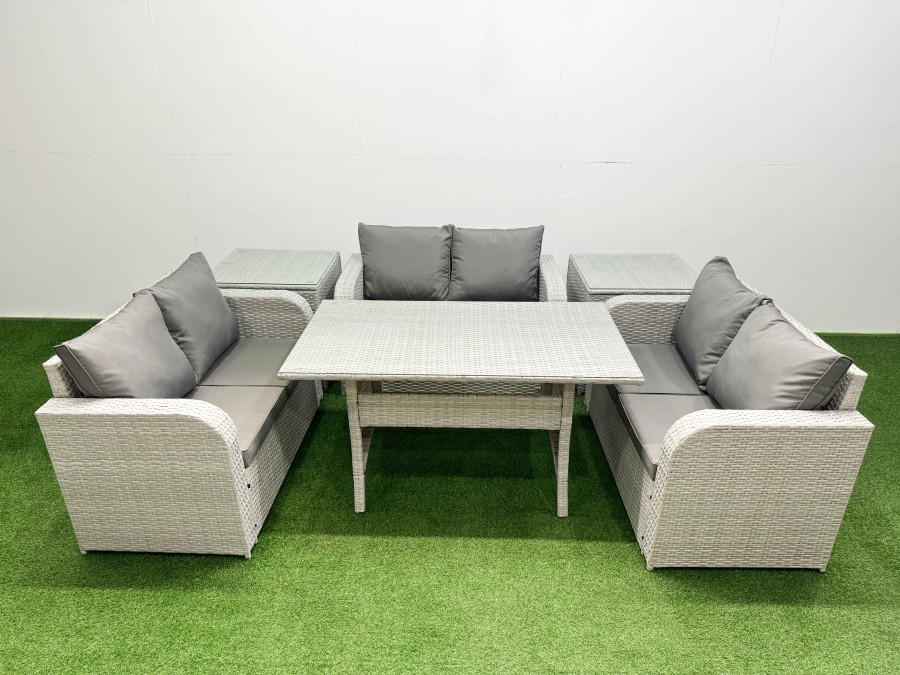 Click to view product details and reviews for Fimous 6 Seater Pe Wicker Rattan Furniture Sofa Sets With Rectangular Dining Table 2 Seater Love Sofa 2 Side Table Light Grey.