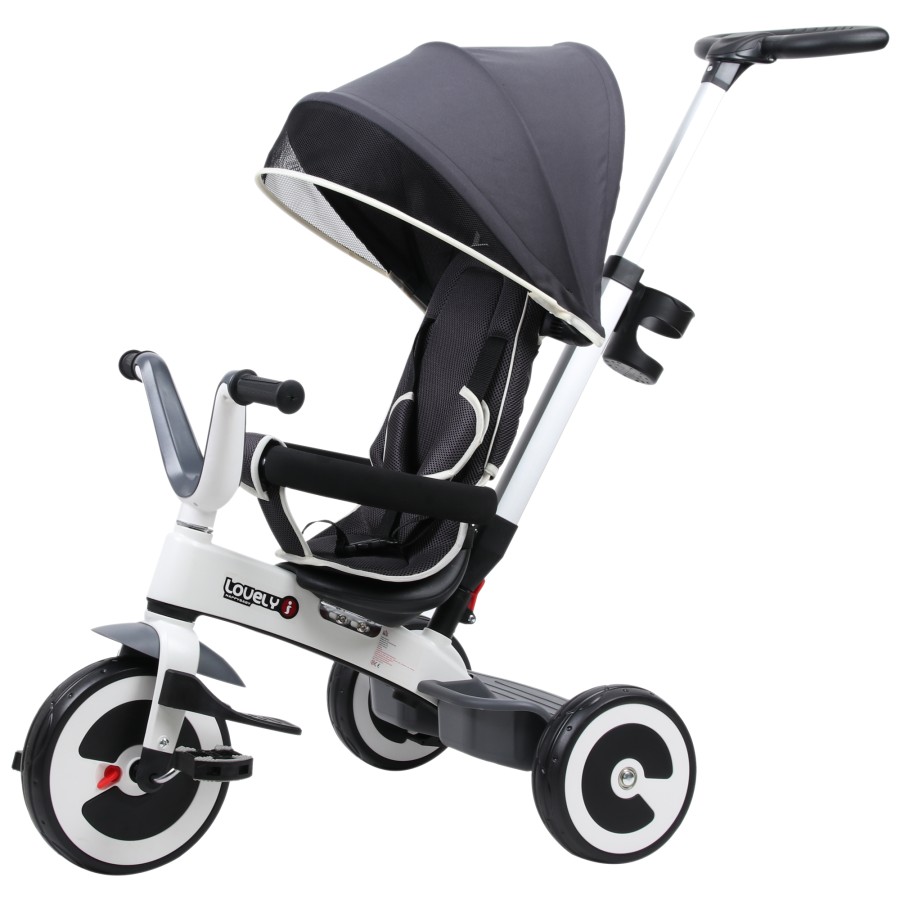 HOMCOM Baby Tricycle Children's 4 In 1 Trikes Kids Ride On W/ Canopy Grey