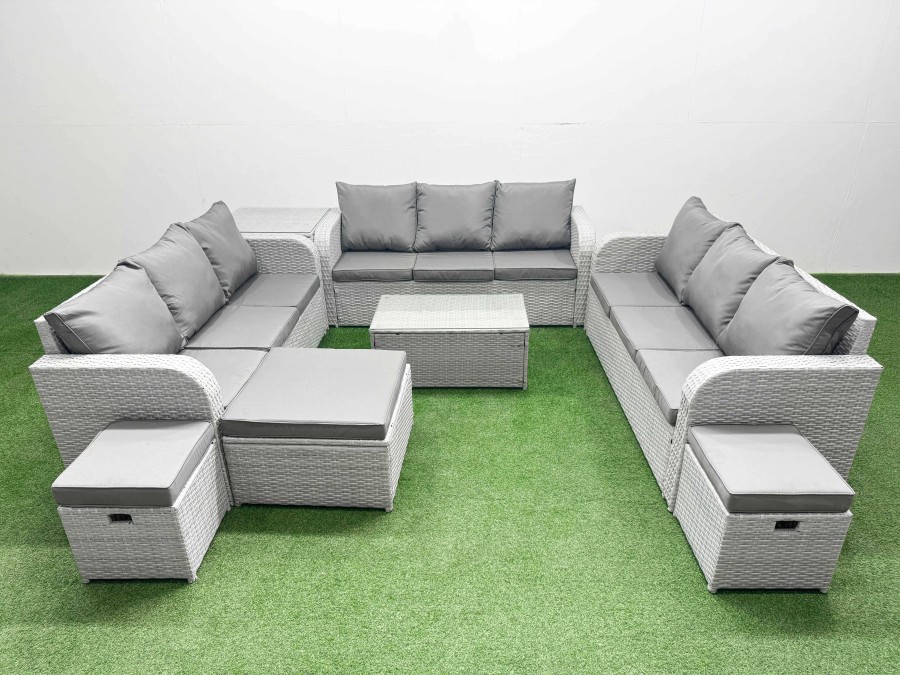 Click to view product details and reviews for Fimous Pe Rattan Lounge Sofa Set 12 Seater Outdoor Garden Furniture Set With Rectangular Coffee Table 3 Seater Sofa 3 Stools Side Table Light Grey.
