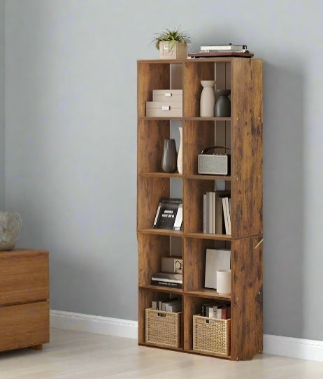 10-Cube Bookcase, Rustic Brown Storage Unit, Industrial Bookshelf for Living Room, Bedroom,