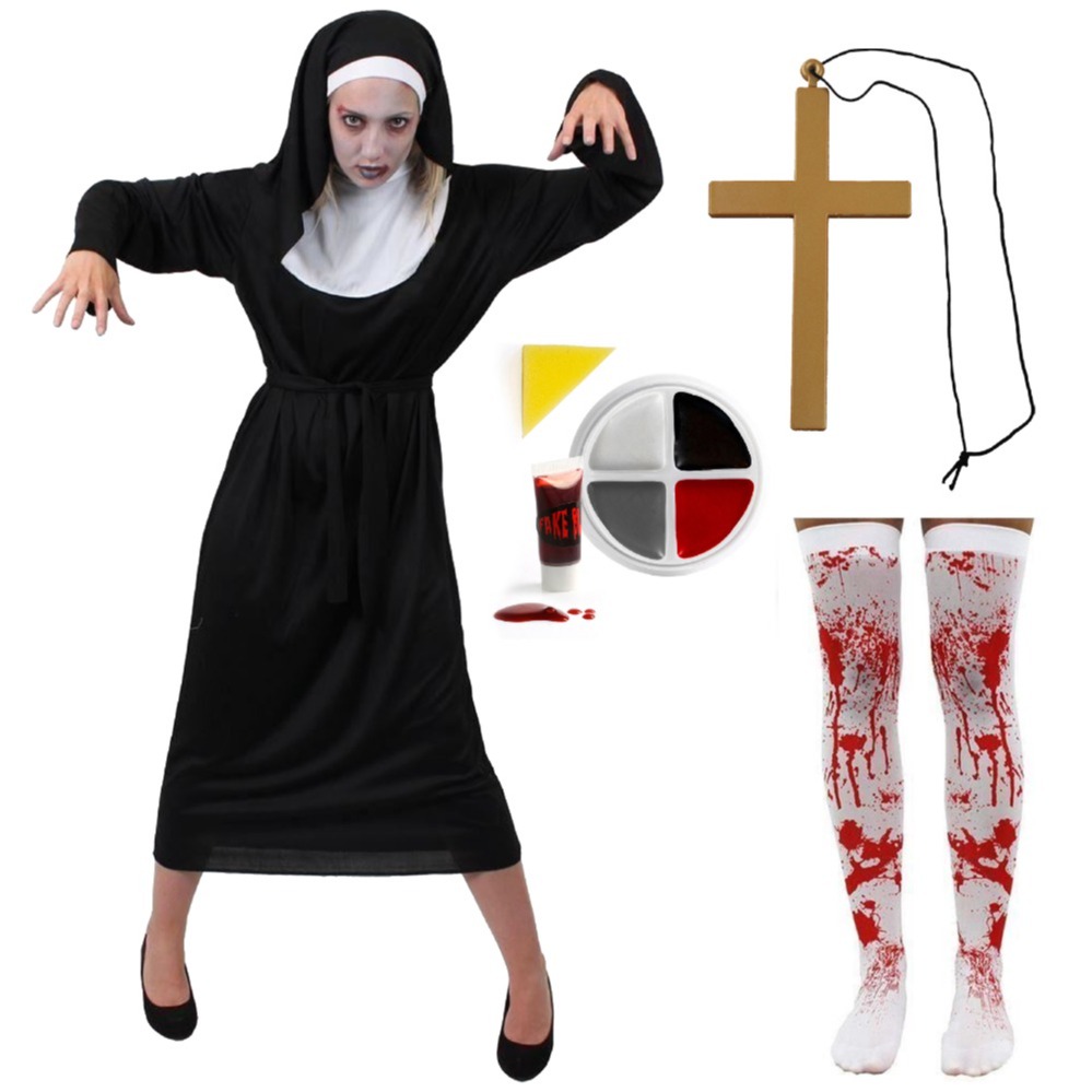 Ladies Nun Zombie Costume with Bloody Tights & Cross Necklace